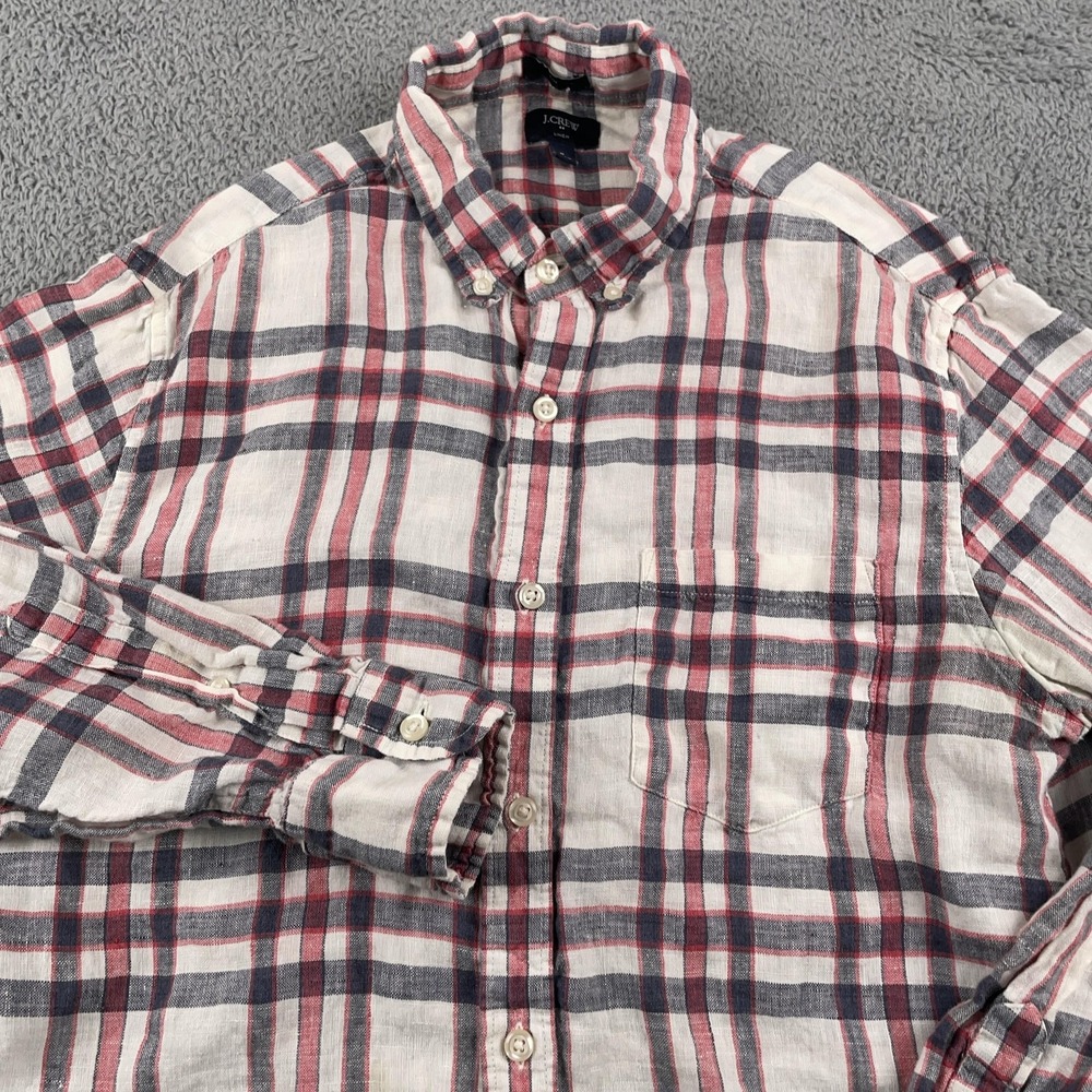 J Crew Shirt Mens Medium Red White Plaid Linen Long Sleeve Button Down Slim